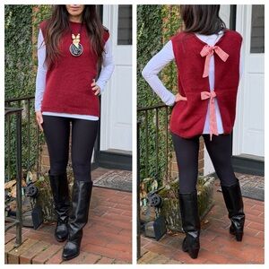 FROM PARIS FRANCE Red Sleeveless Knit Sweater with bow back